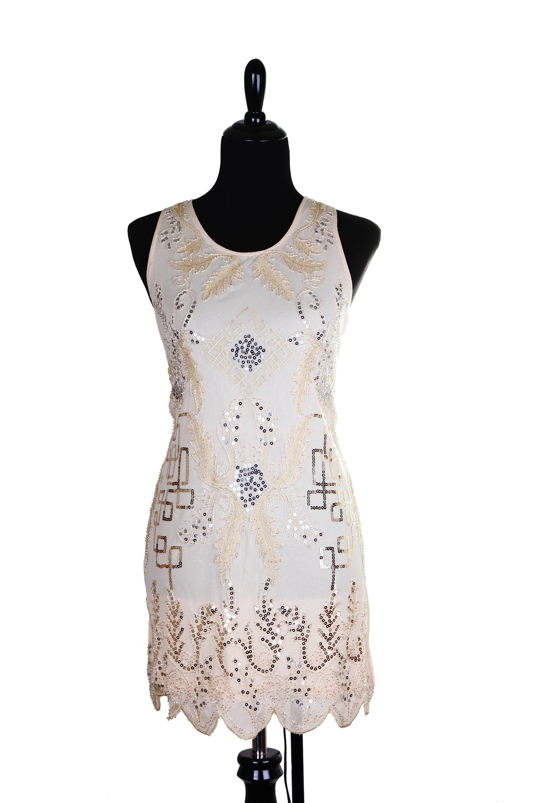 Short Cream Flapper Dress with Sequin Pattern (