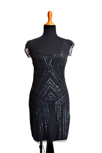 Short Black Flapper Dress with Sequin Pattern ("Crystal Black")